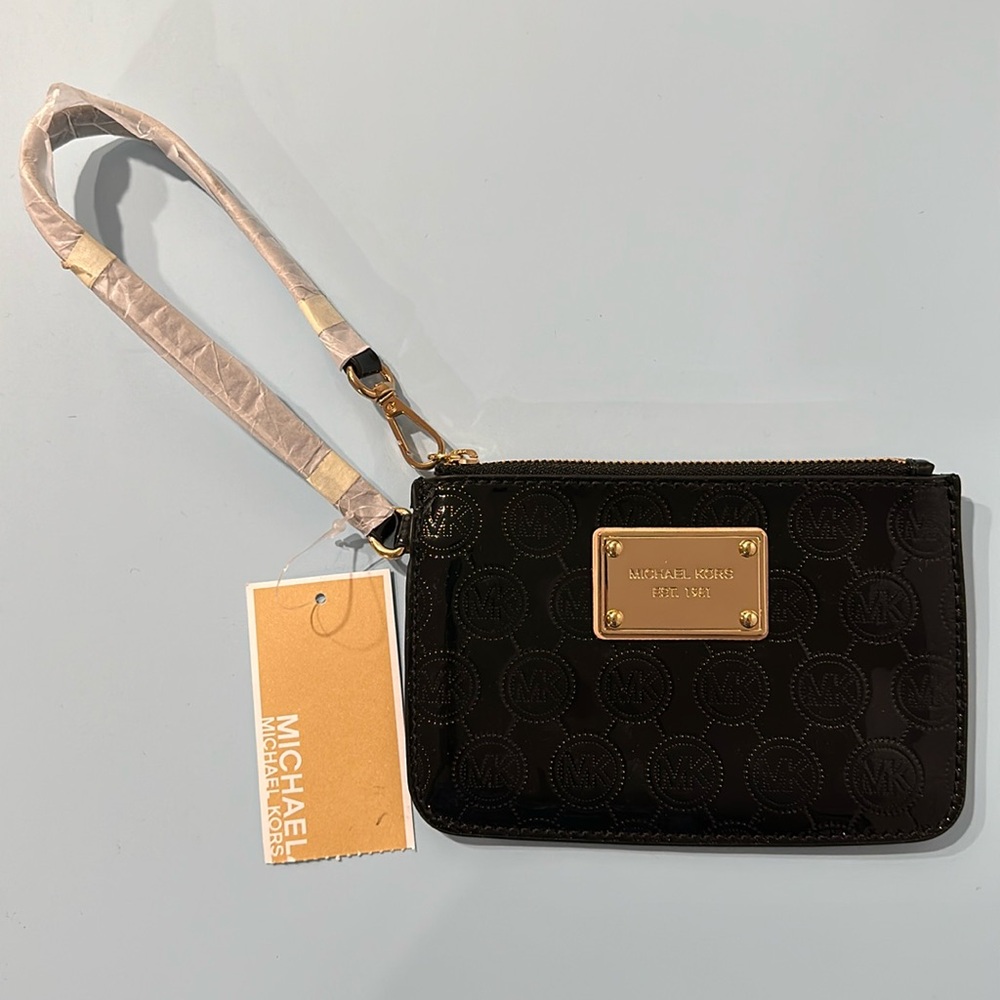 NEW Michael Kors SM Black Wristlet with Mono Mirror Metallic